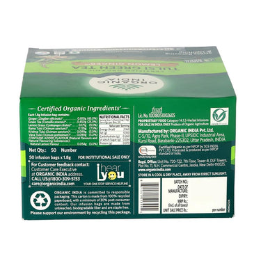 A TATA Product - Organic India Tulsi Green Tea Lemon Ginger - 50 Teabags, Herbal Blend with Green Tea, Tulsi, Lemon & Ginger, Supports Digestion, Refreshing Taste, Natural Ingredients